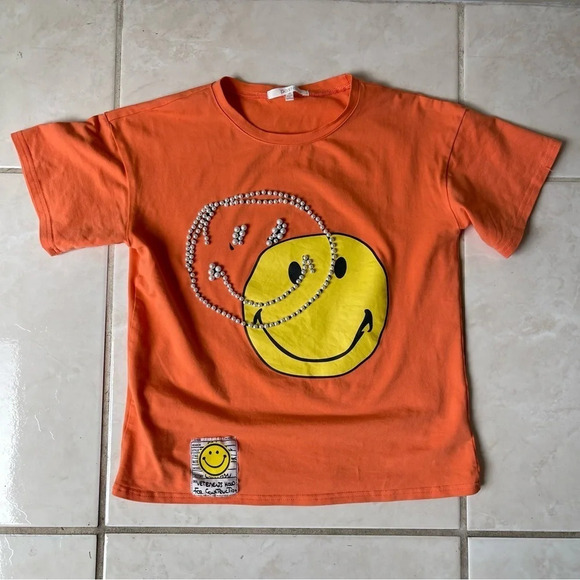 Smily face t-shirt with beads, orange - Picture 1 of 5